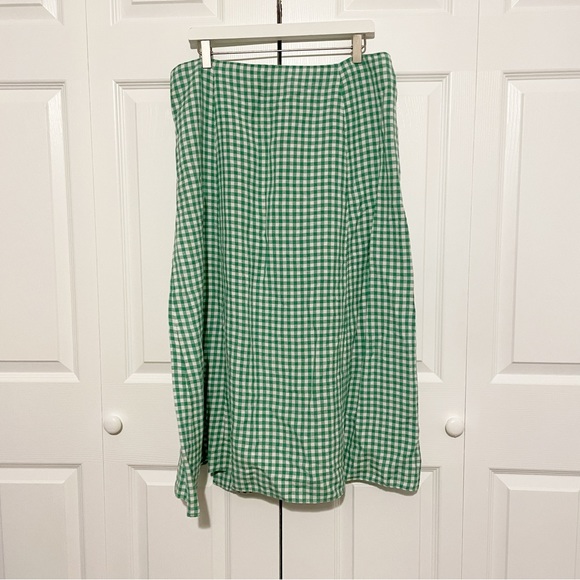 Loft Green Gingham Side Slit Midi Skirt Linen Blend Size 14 - Picture 8 of 9